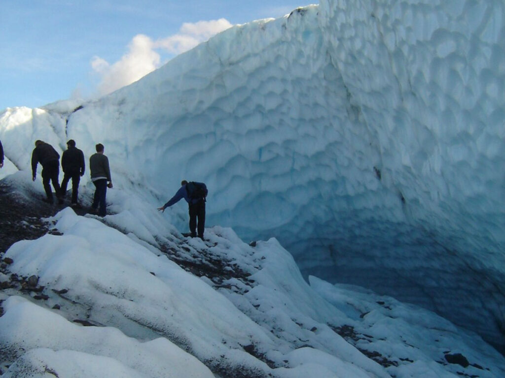 View of people trekking the Matanuska Glacier