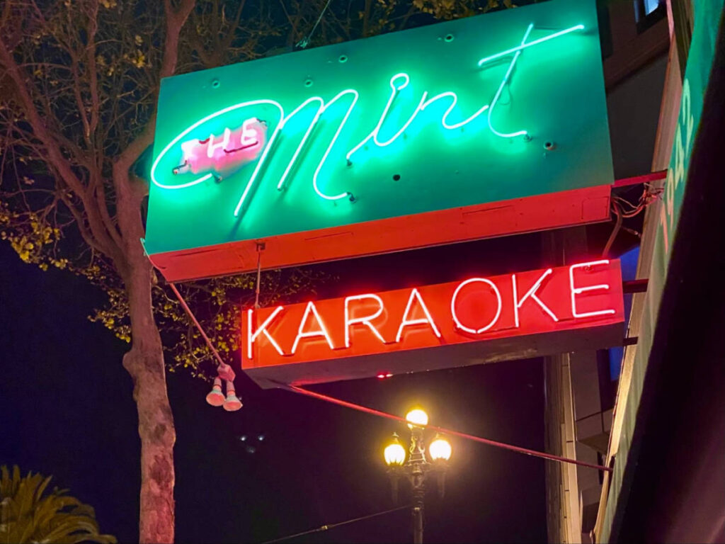 The Mint neon lights signage outside