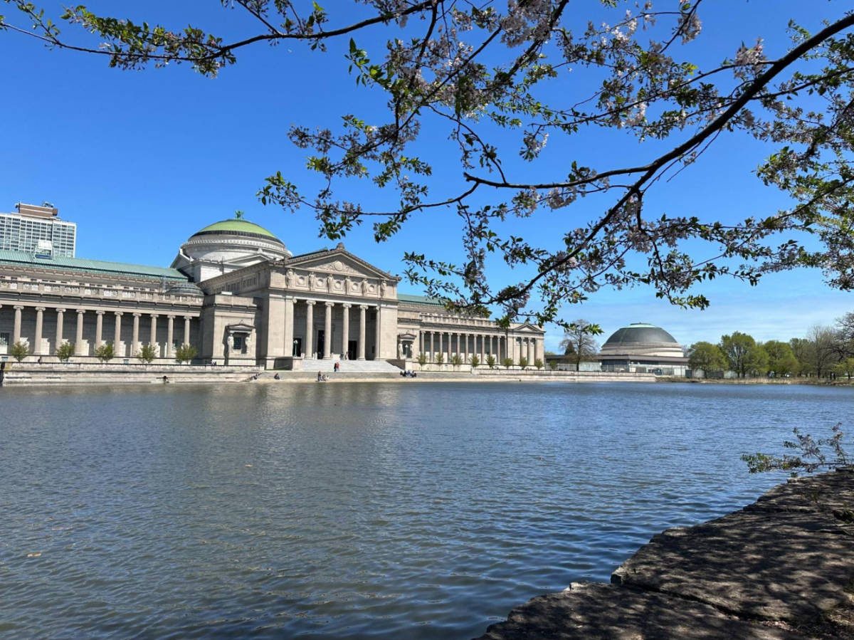 View of the The Museum of Science and Industry from across the the water in Hyde Park
