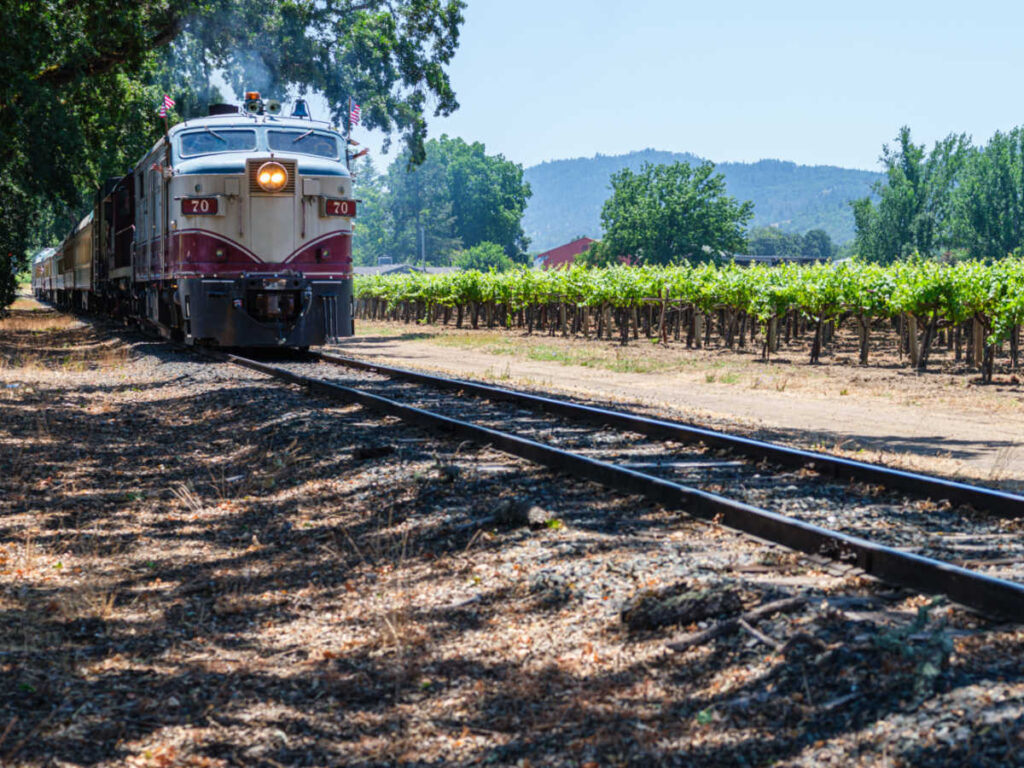 View of the Napa Valley Wine Train with the views of the vineyard