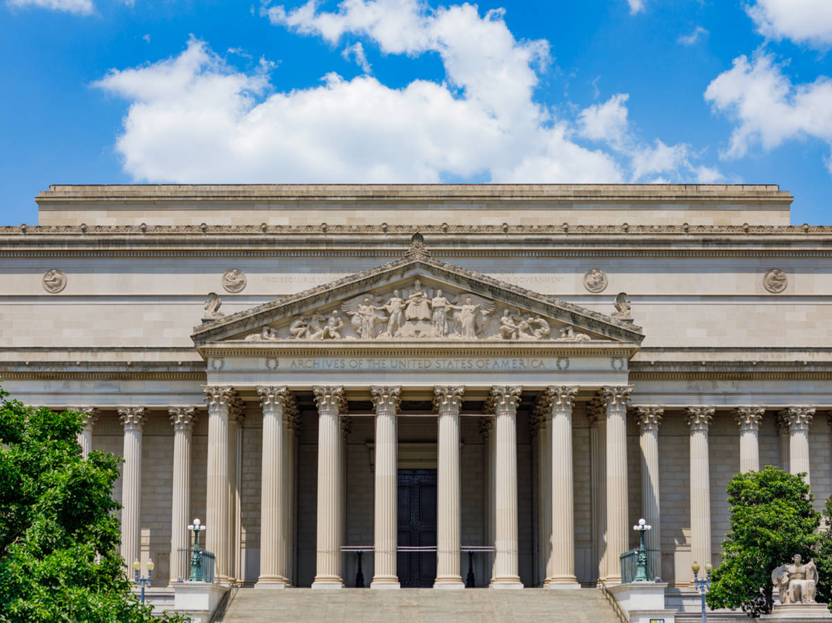 Exterior of the National Archives building located on the National Mall in Washington