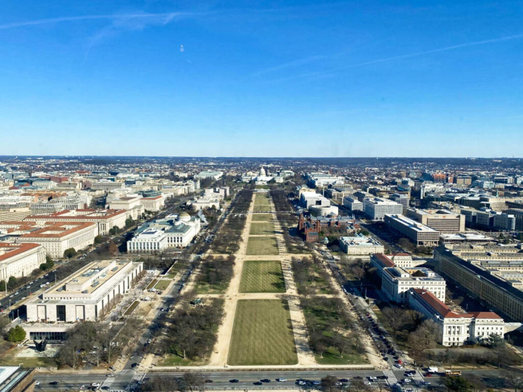 Overlooking view of the National Mall from the top of the Washington Monument