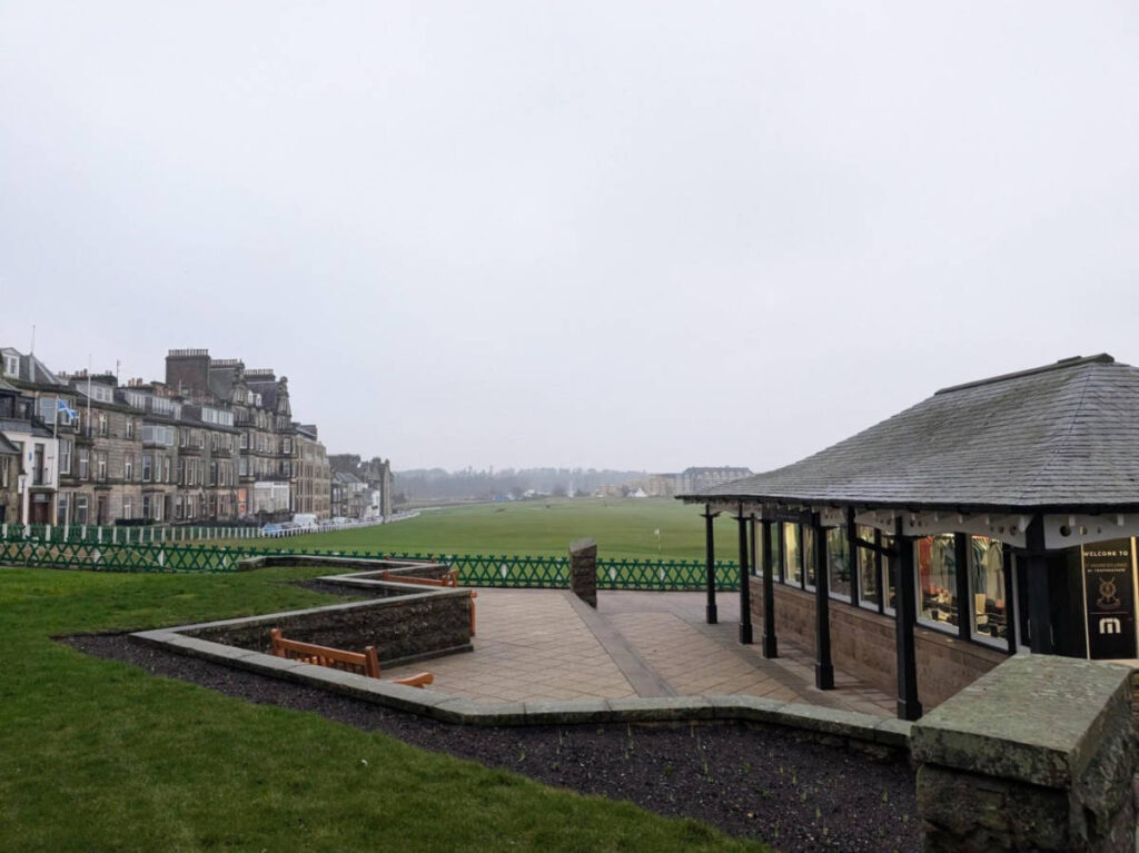 Panoramic view of the golf course at The Old Course on a gloomy day