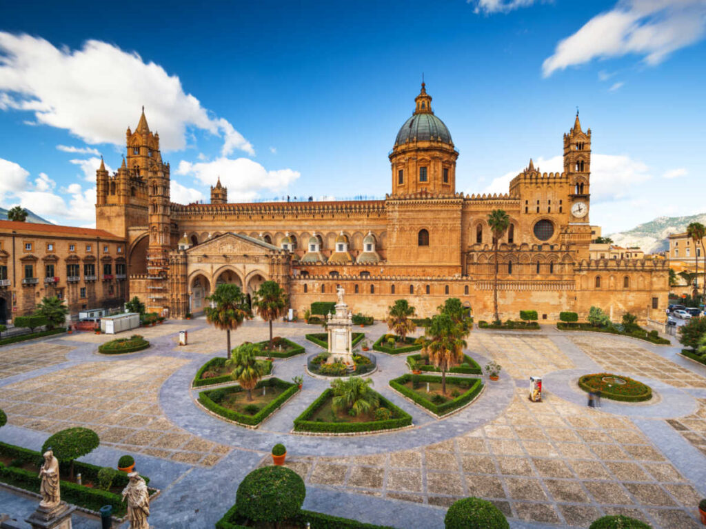 Panoramic view of the exterior of Palermo Cathedral and the landscape around