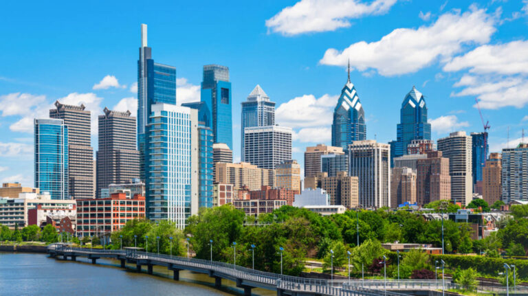 Panoramic view of the city skyline and greenery of Philadelphia