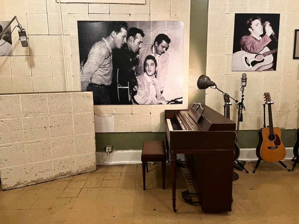 A piano and other musical instruments inside the Sun Studio