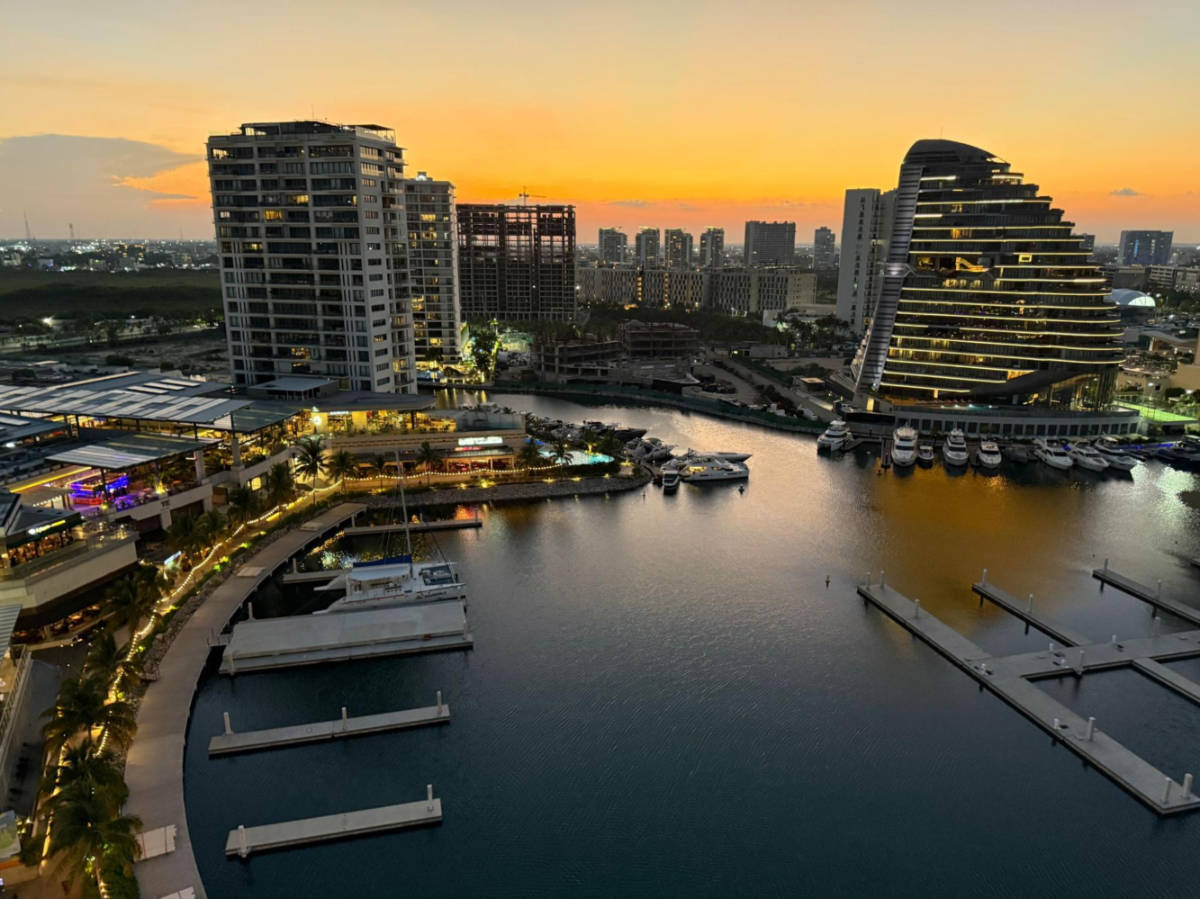 Scenic sunset view of the Puerto Cancun Marina from the room at the Renaissance Cancun