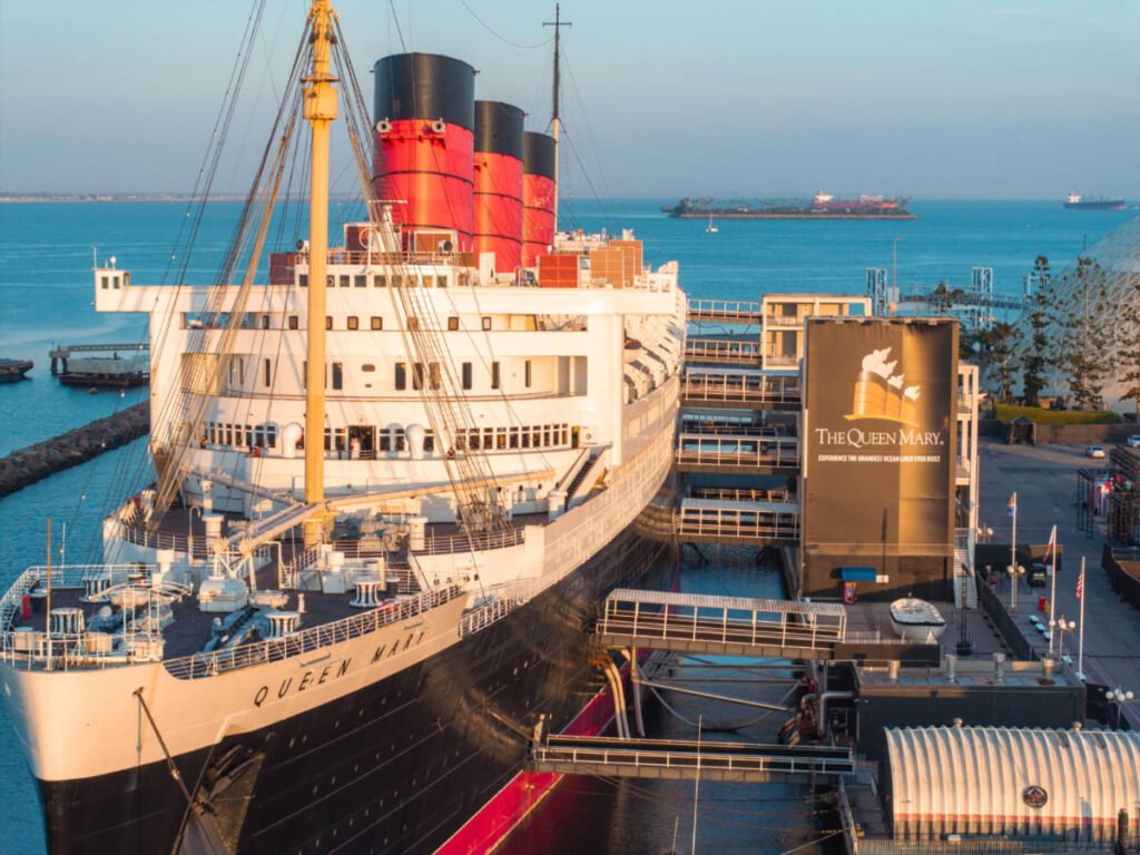 Overlooking view of the ship-like hotel of The Queen Mary in Long Beach