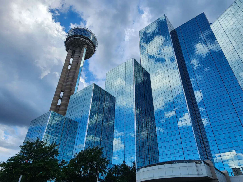 A view of the Reunion Tower from the ground in Dallas