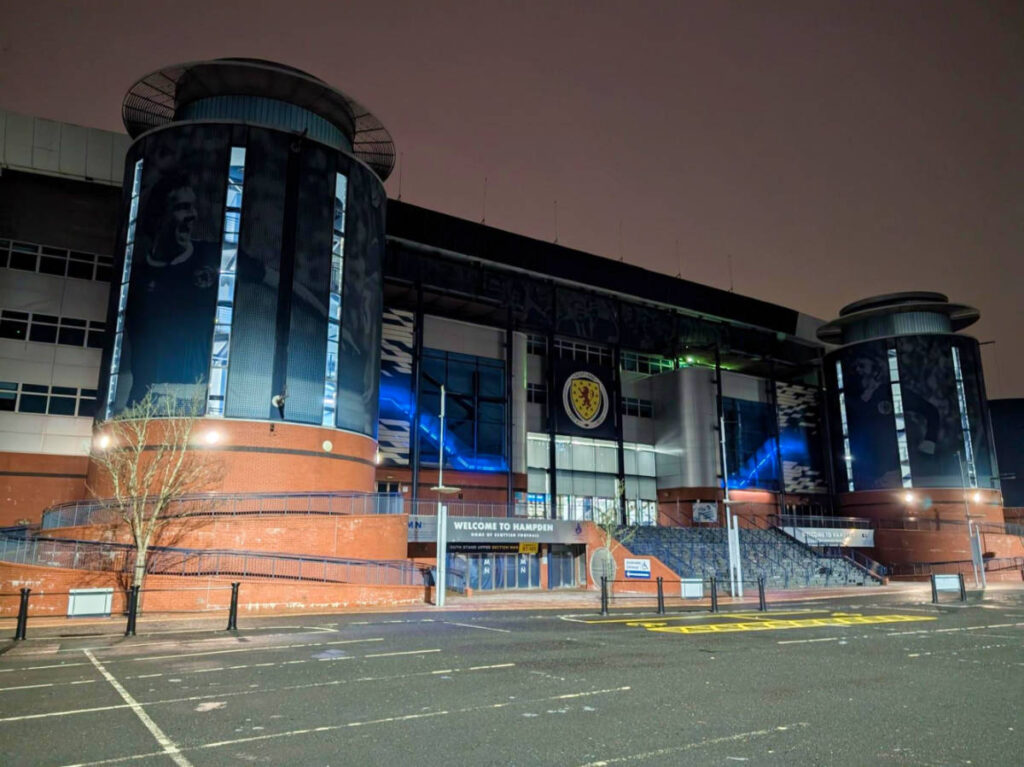 Exterior view of The Scottish Football Museum at night