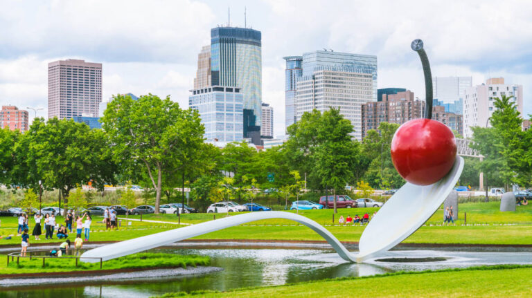 View of people looking at the Spoonbridge and Cherry at the Minneapolis Sculpture Garden