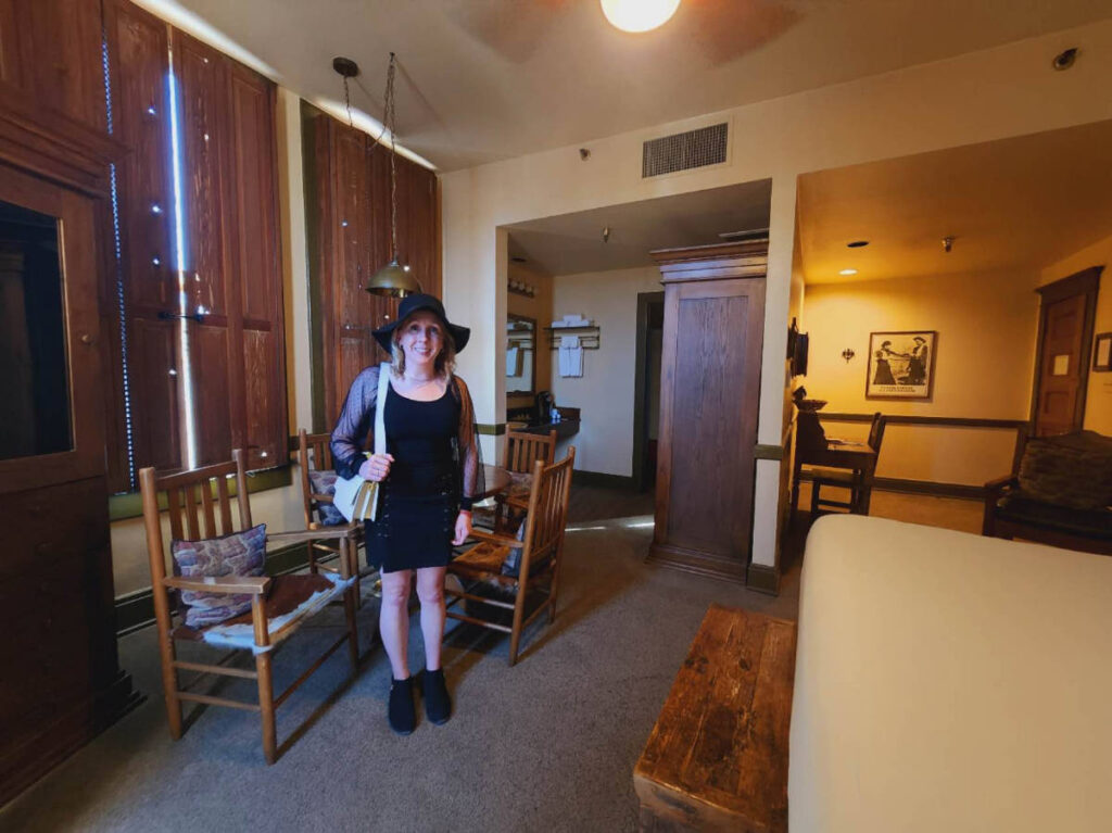 The author Sarah Heath inside a hotel room at The Stockyards Hotel