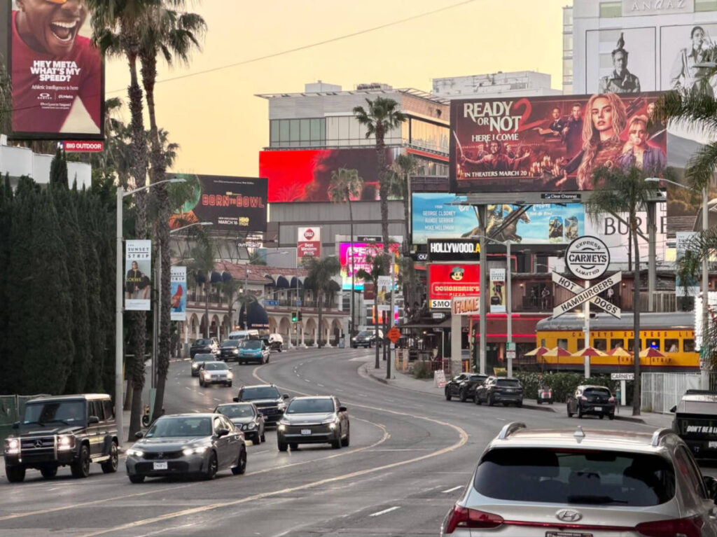 View of the bustling Sunset Strip at sunset