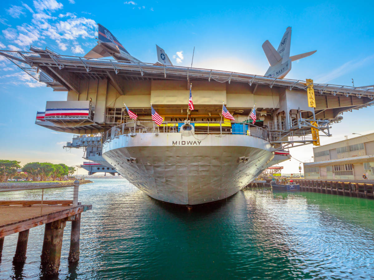 View of the Midway Battleship Memorial in San Diego California, Navy Pier