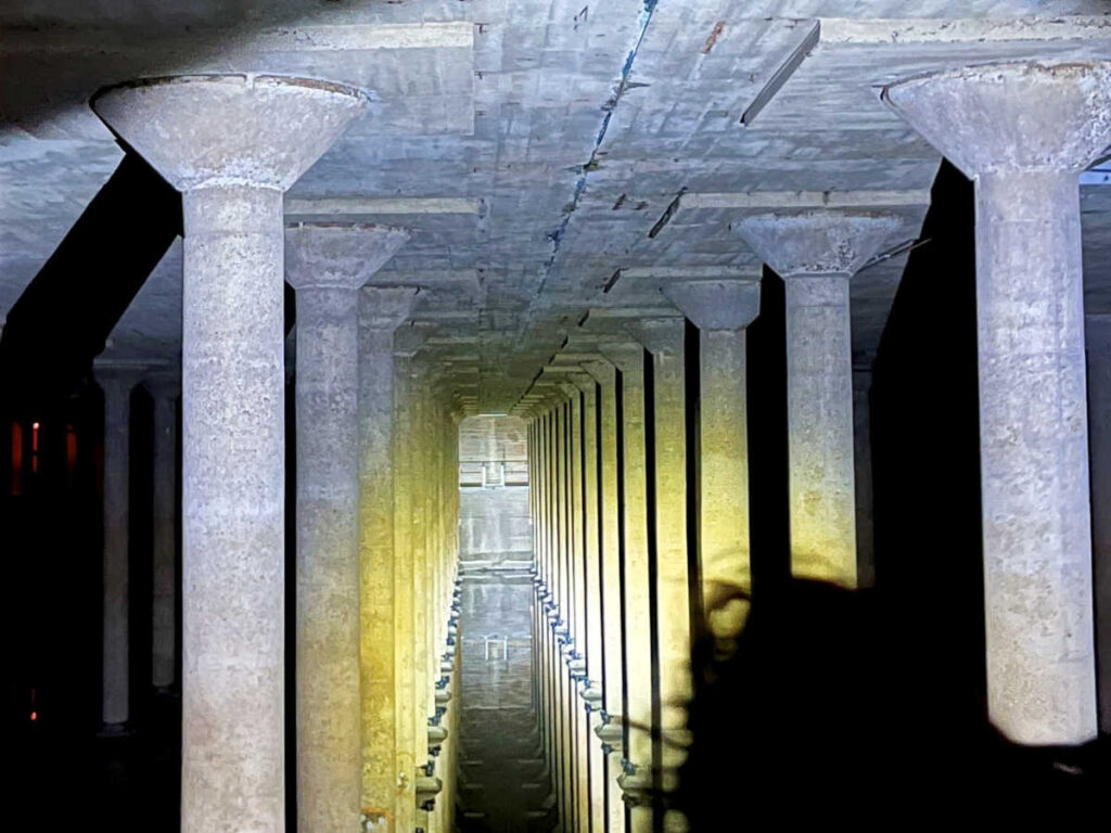 View of the lined columns at the underground cistern at Buffalo Bayou Park