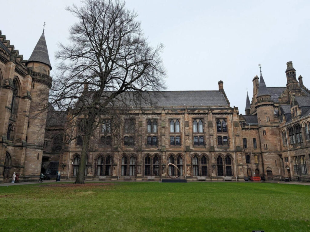 View of the intricate exterior of the main building of The University of Glasgow