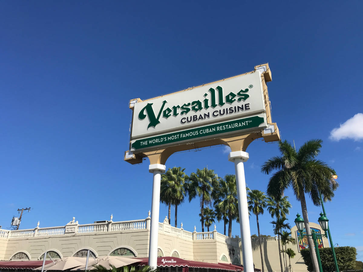 View of the Versailles Cuban Restaurant sign in Calle Ocho Street