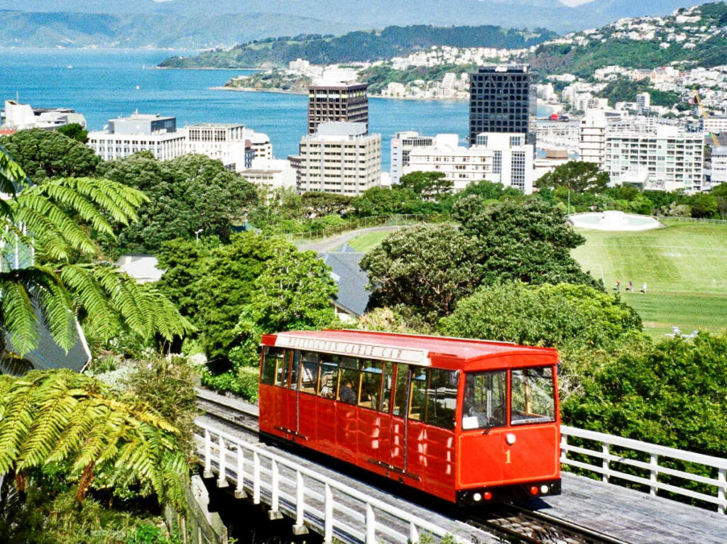 Overlooking view of The Wellington Cable Car with the city skyline