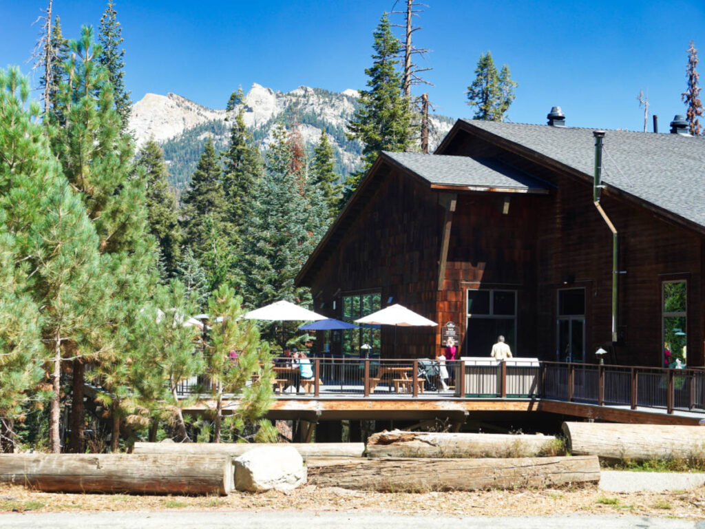 Exterior view of The Wuksachi Lodge surrounded by pine trees on a sunny day