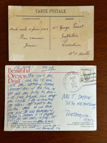 The backs of the vintage postcards written with notes