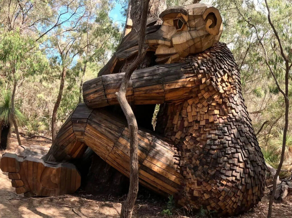 Closeup look of the wooden sculpture of Thomas Dambo’s Giants of Mandurah