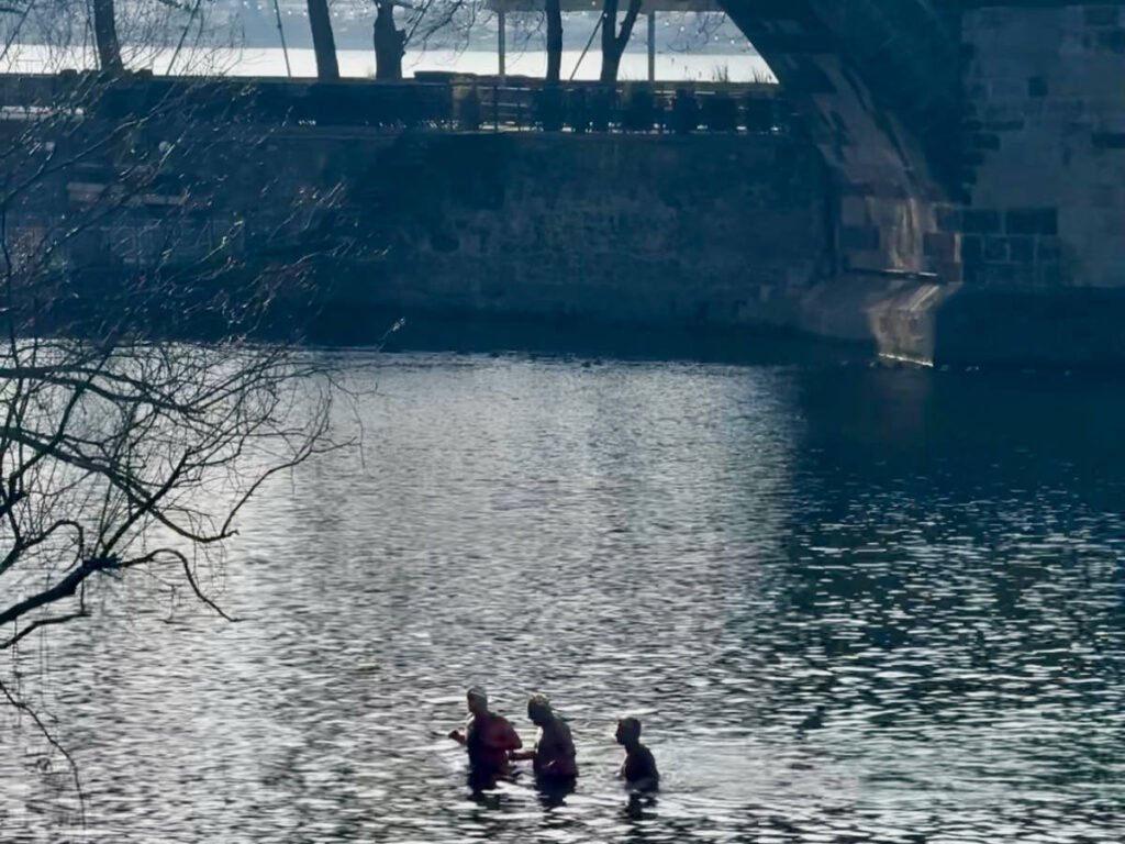 Overlooking view of the Three Kings Swim in Prague’s Vltava river