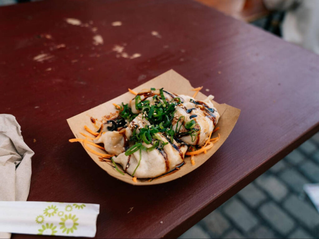 Closeup look of a plate of Tibetan dumplings