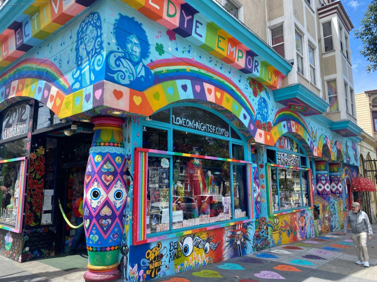 View of the colorful tie-dye exterior of a store in Haight-Ashbury