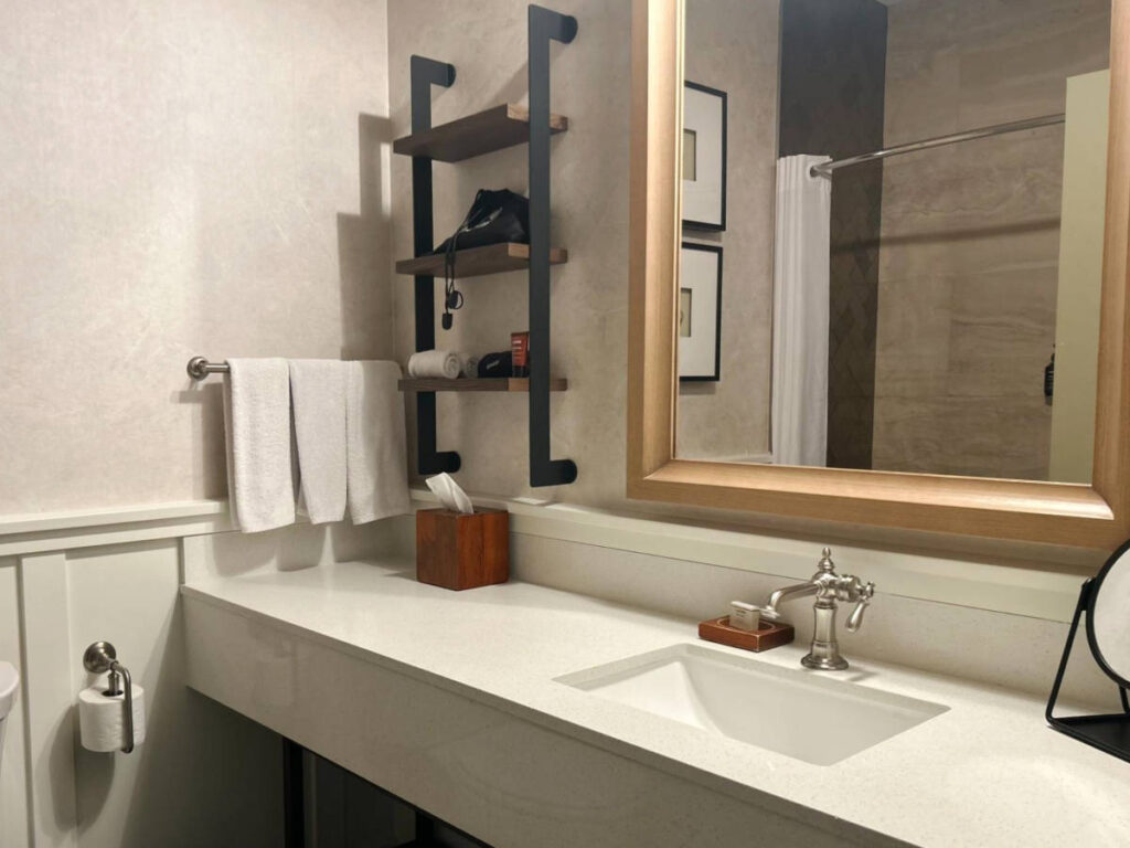 View of the toiletries in the vanity area inside the bathroom