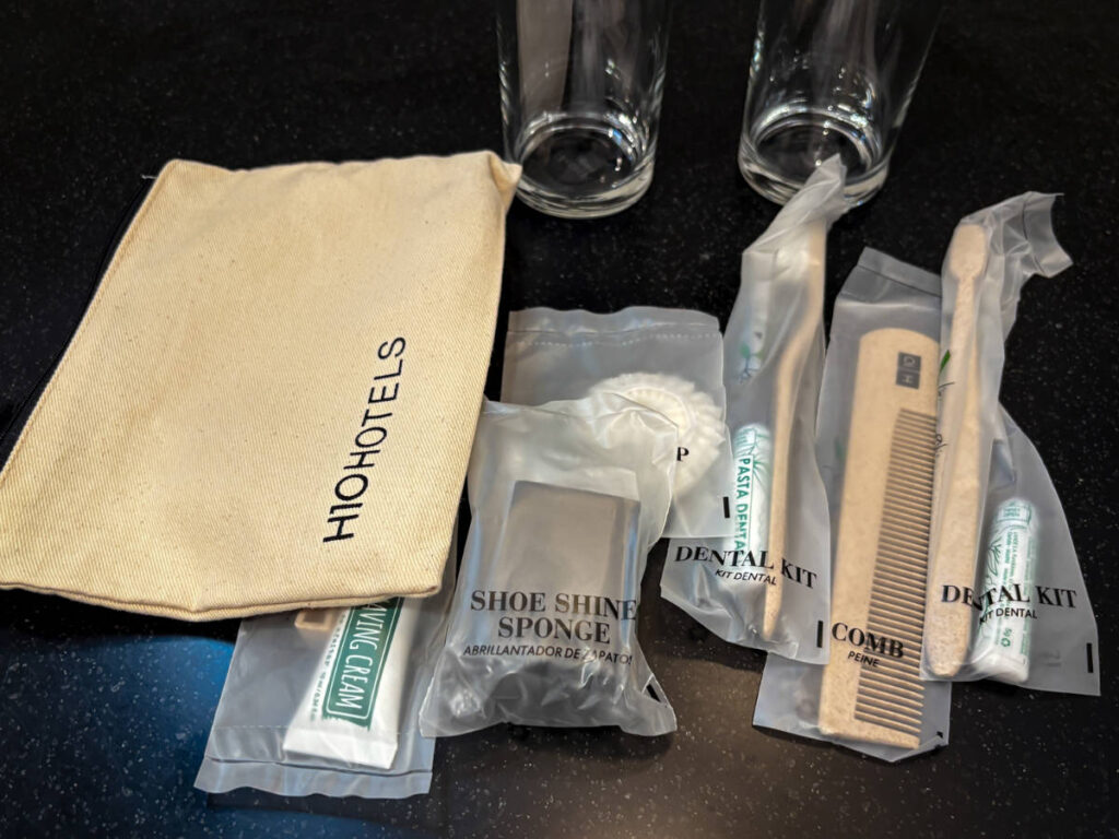 Closeup look of the toiletry kit in the bathroom