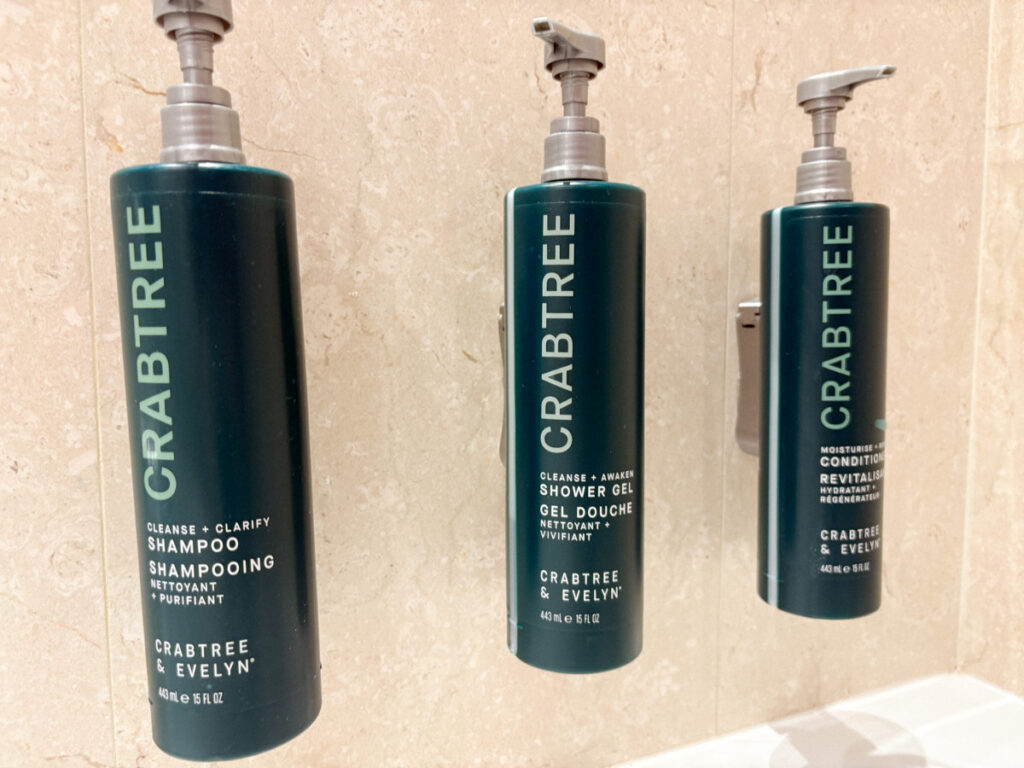 The toiletry line inside the bathroom at the Hilton Molino Stucky