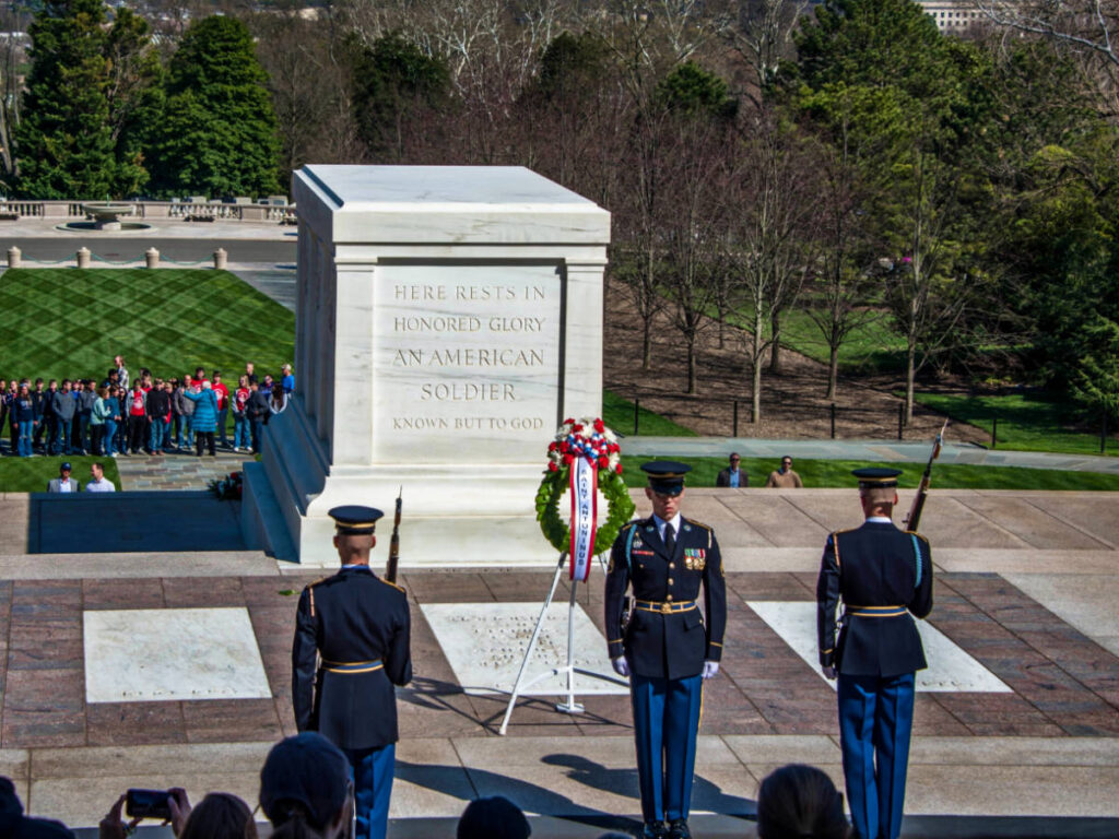 View of the crowd and guards in front of the Tomb of the Unknown Soldier at Arlington National Cemetery