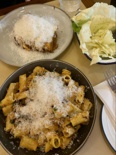 View of the huge portions of the dishes at Tom’s Pasta