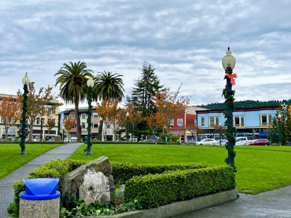 View of the buildings and the lush greenery around the town square in Arcata
