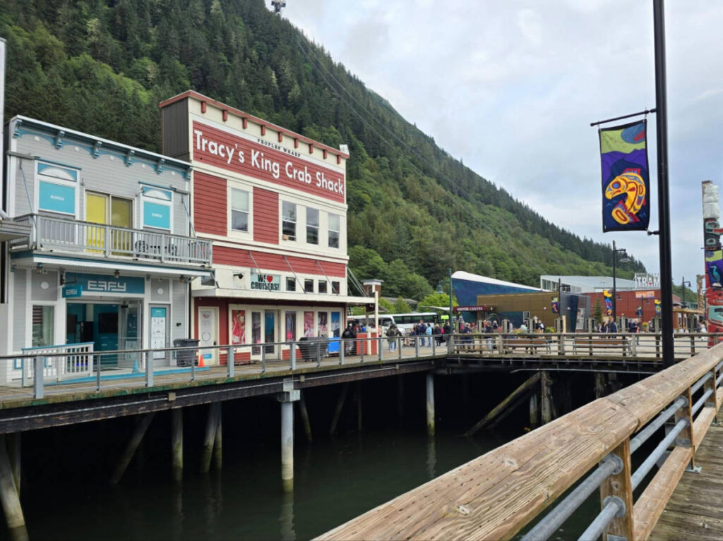 The Tracy’s Crab Shack building from the outside across the river