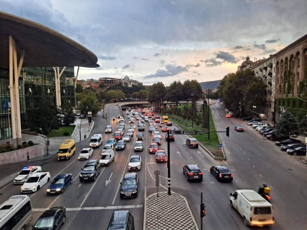 Cars on the road during traffic hours in downtown Tbilisi