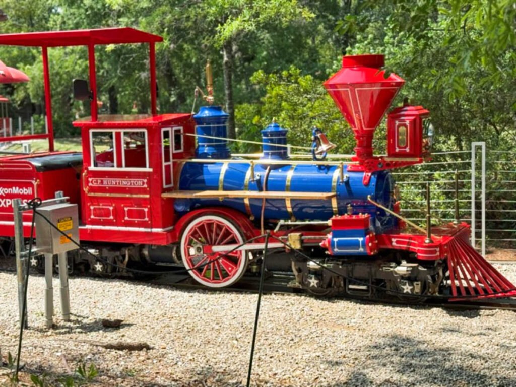 A vibrant red and blue train at Hermann Park