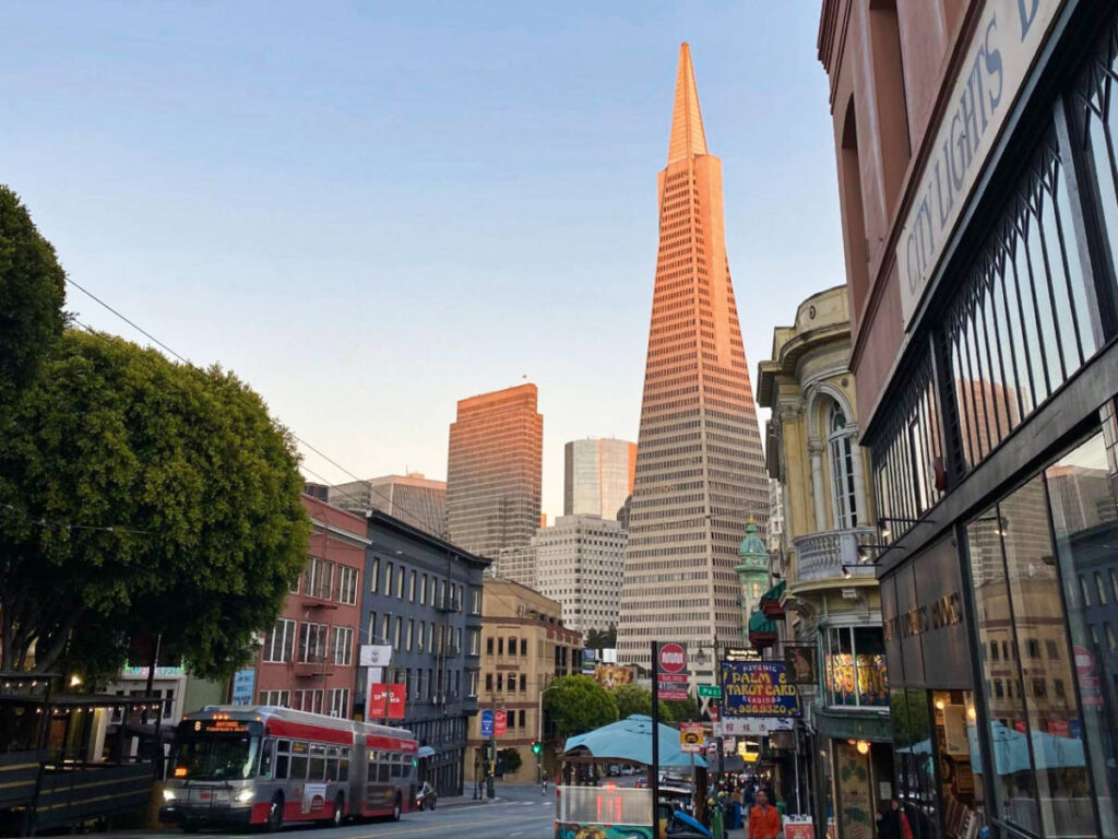 View of the sunset reflecting on the Transamerica Pyramid in North Beach