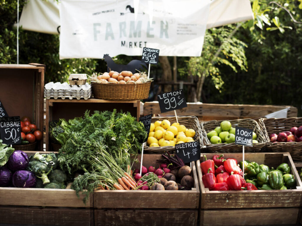 Fresh fruits and vegetables displayed on a stall during the Transylvania Farmers Market