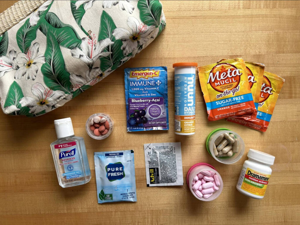 Different items for the traveling pharmacy kit