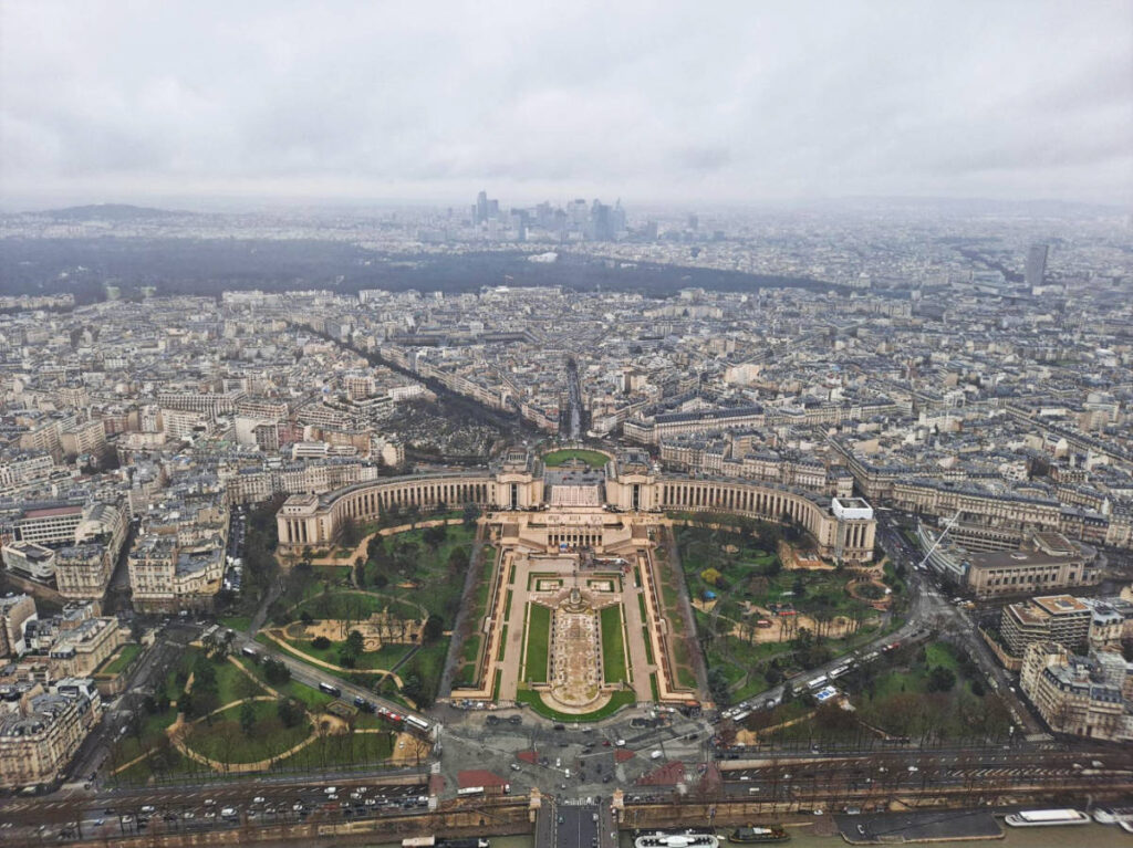 Aerial view of the Trocadero Gardens and Palais Chaillot