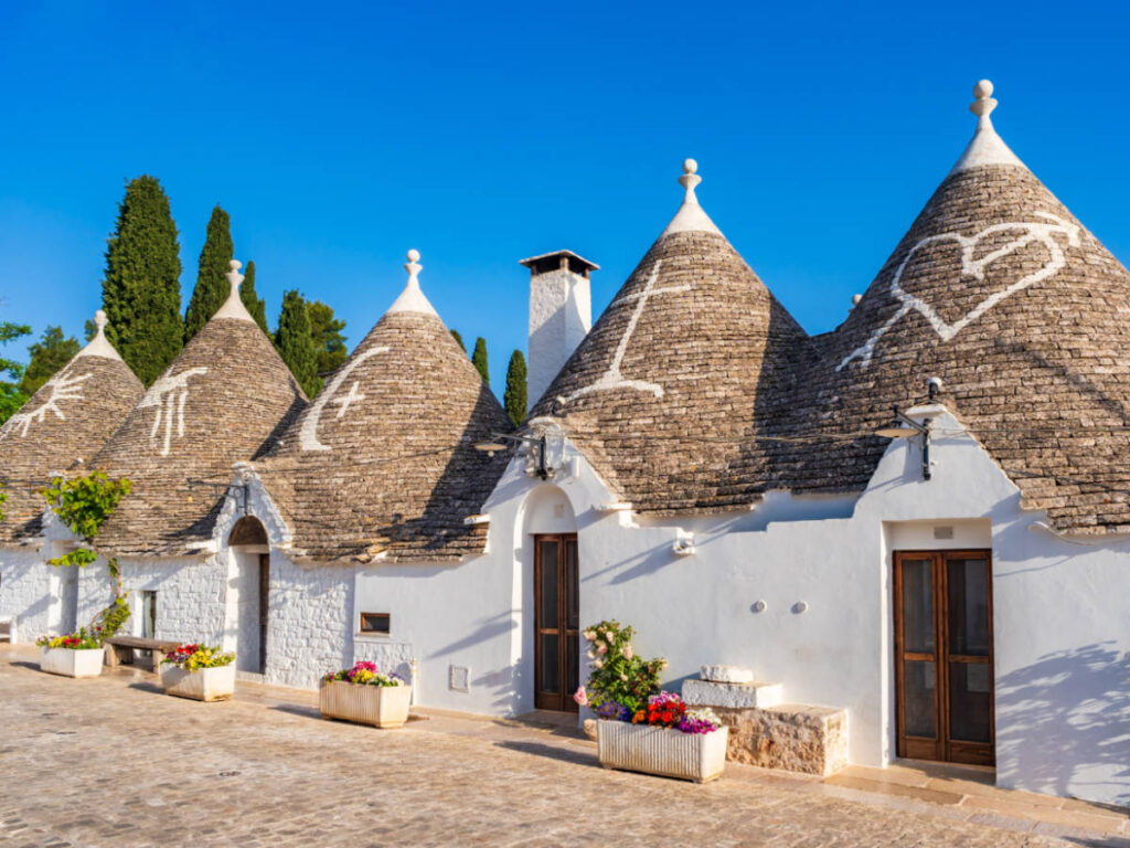 View of the historical old stone Trulli houses in Alberobello