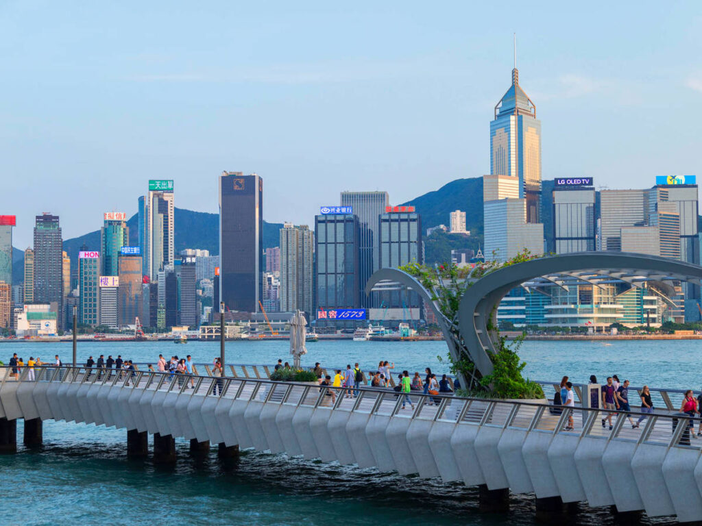 Panoramic view of the skyline in Tsim Sha Tsui Promenade