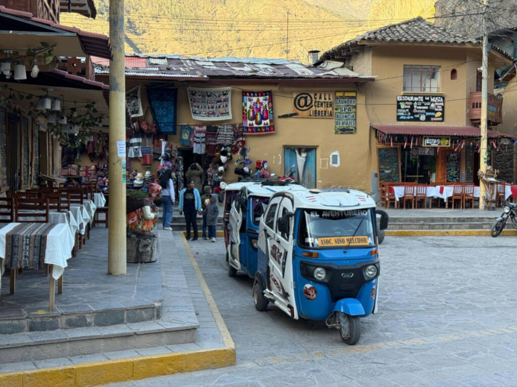 View of the Tuk tuk style vehicles at the the main square of Ollantaytambo