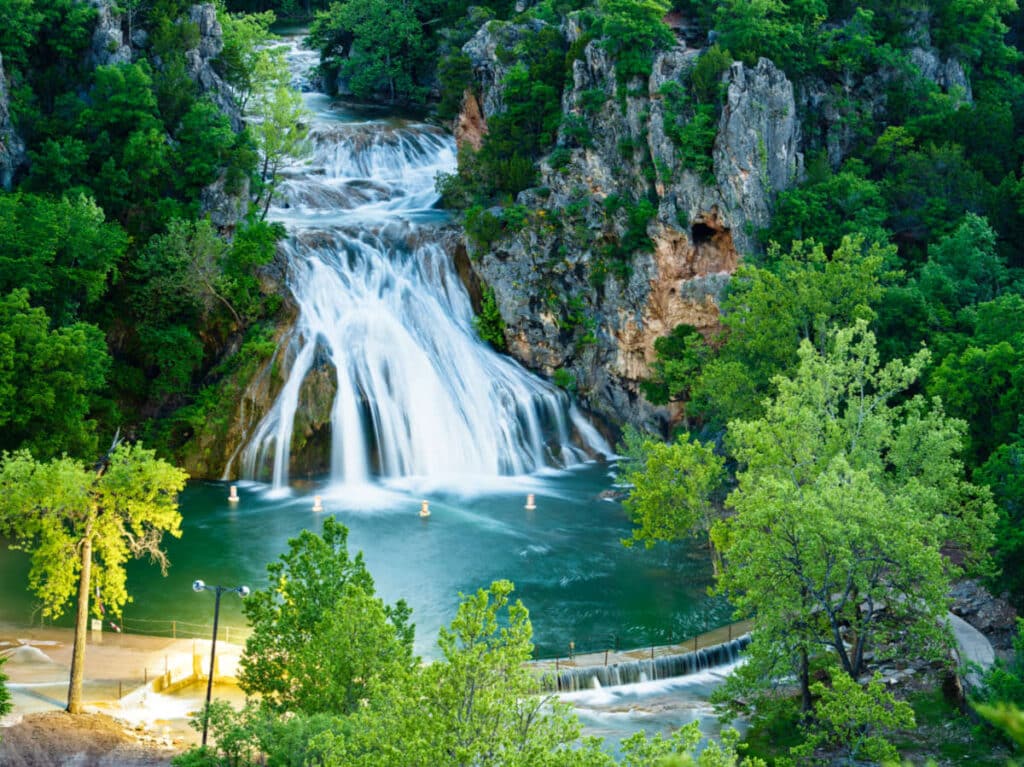 View of the cascading down waterfalls at Turner Falls Park