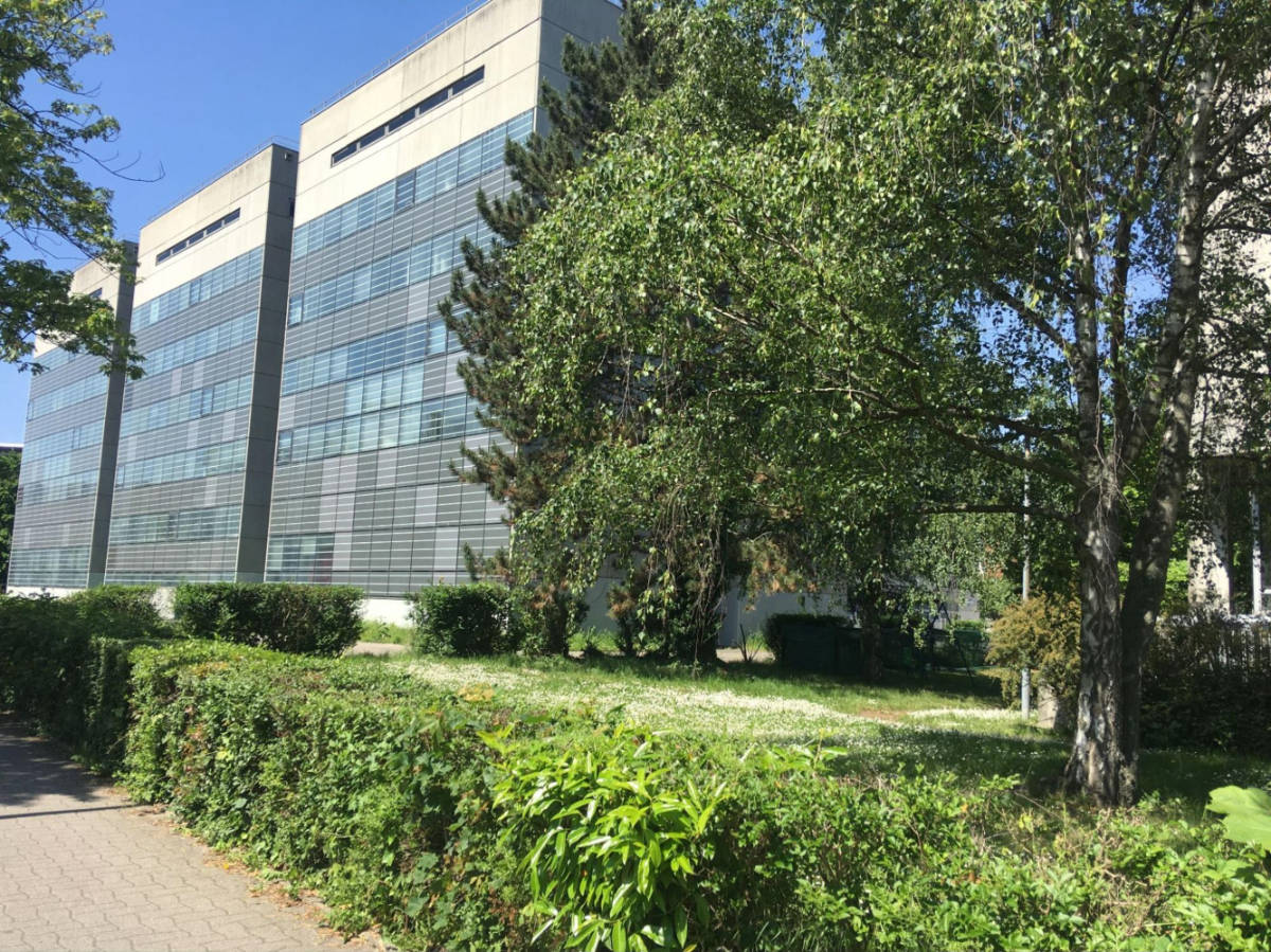 View of the exterior of the University building in Strasbourg surrounded by greenery