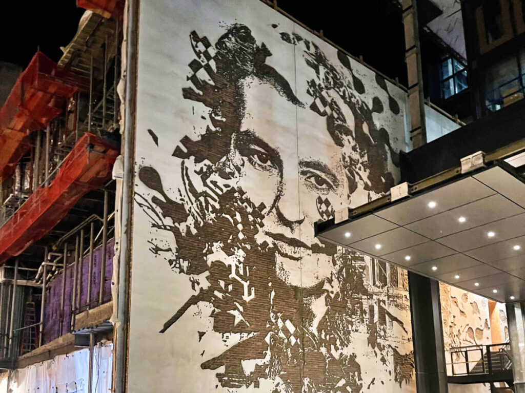 View of the VHILS mural on a wall in Brookline Ave