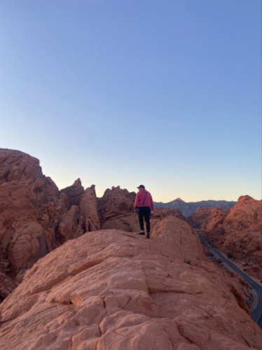 A person stands atop a boulder in Valley of Fire State Park