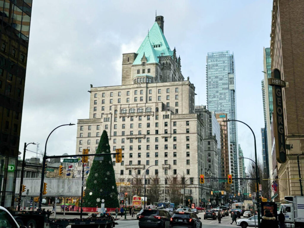 View of the Vancouver Art Gallery tree and the Fairmont Hotel Vancouver on its background