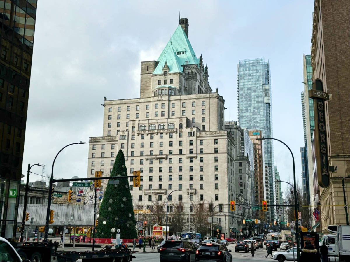 View of the Vancouver Art Gallery tree and the Fairmont Hotel Vancouver on its background